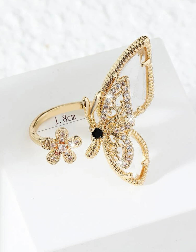 Cubic Zirconia Flower Cuff Ring