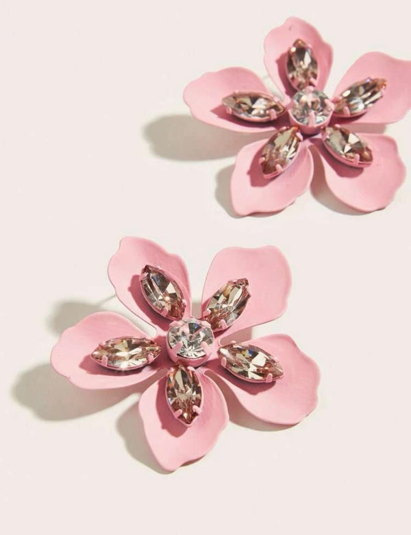 Pink Flower studs with Rhinestones