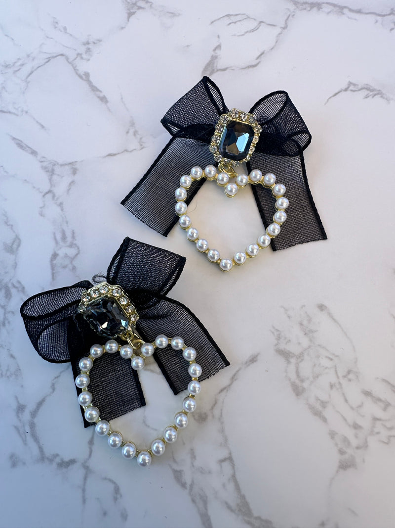 Pearl Heart & Bow Drop Earrings