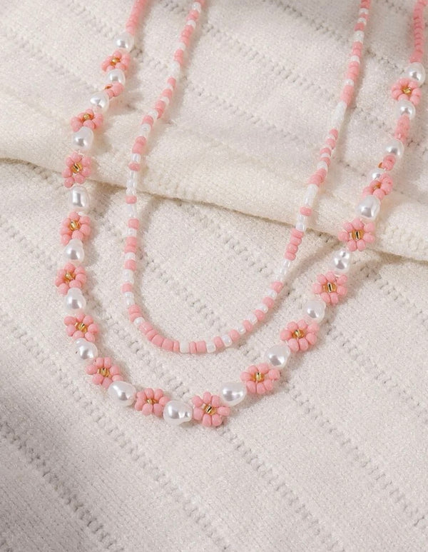 Flower &  Pearl Beaded Necklace -  2pcs