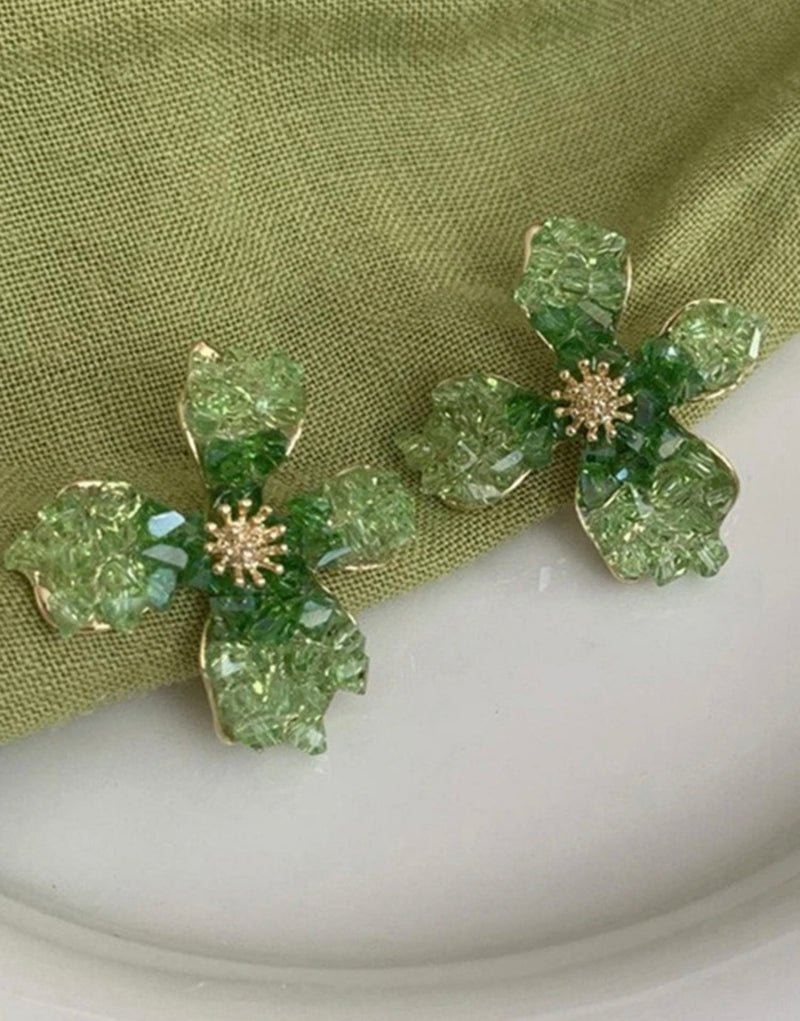 Gradient Green Crystal Iris Shaped Stud Earrings