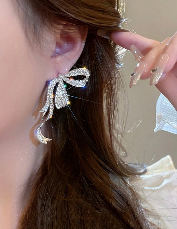 Diamond Ribbon Bow Stud Earrings, Luxury Design Ear Jewelry