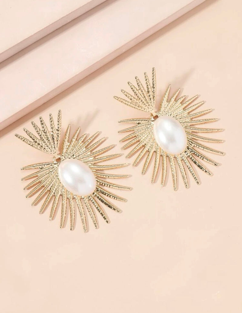 Gold Large Pearl Heart Crown Sunburst Earrings