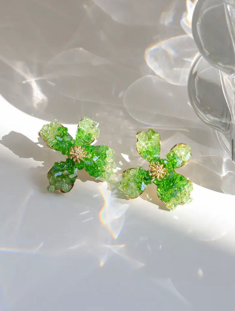 Gradient Green Crystal Iris Shaped Stud Earrings