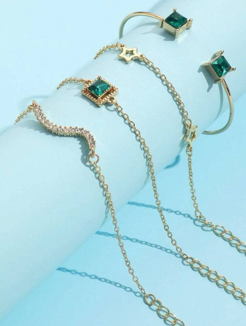Luxury Zinc Alloy Green Gemstone Star Chain Bracelet