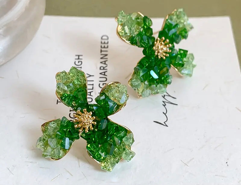 Gradient Green Crystal Iris Shaped Stud Earrings