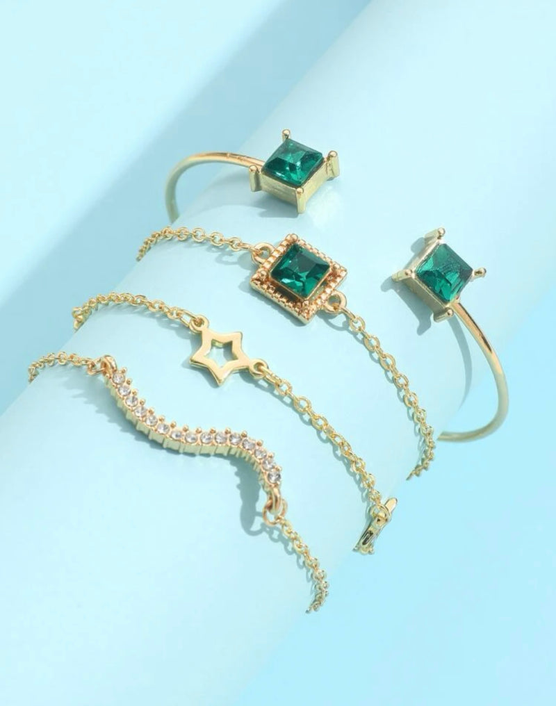 Luxury Zinc Alloy Green Gemstone Star Chain Bracelet