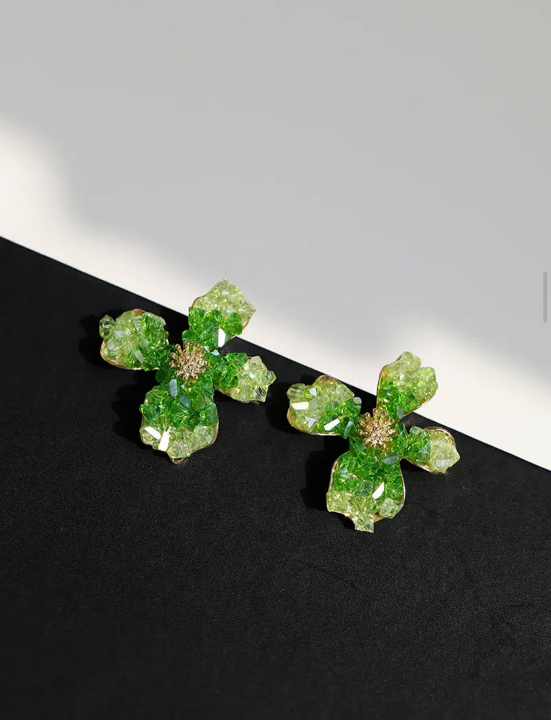 Gradient Green Crystal Iris Shaped Stud Earrings