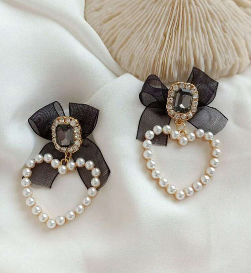 Pearl Heart & Bow Drop Earrings