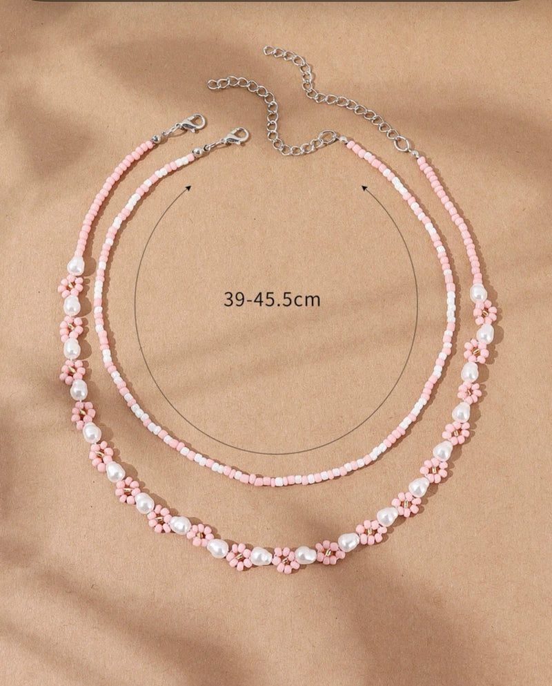 Flower &  Pearl Beaded Necklace -  2pcs