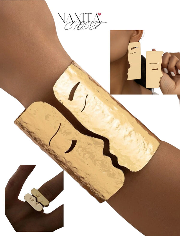 Abstract Figure Earrings & Cuff Ring & Cuff Bangle