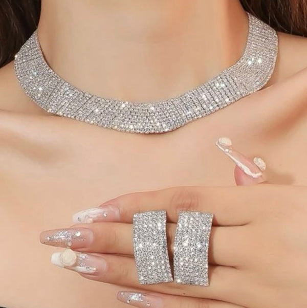 Fashion Sparkly choker necklace & Dangle Fringe Earrings - Jewelry Set
