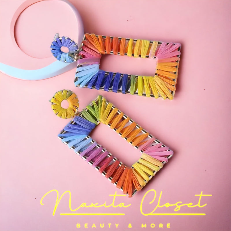 Rattan Raffia Hoop Drop Earrings - Handmade Colorful Rainbow Earring