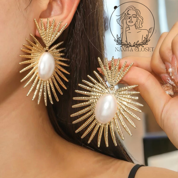Gold Large Pearl Heart Crown Sunburst Earrings