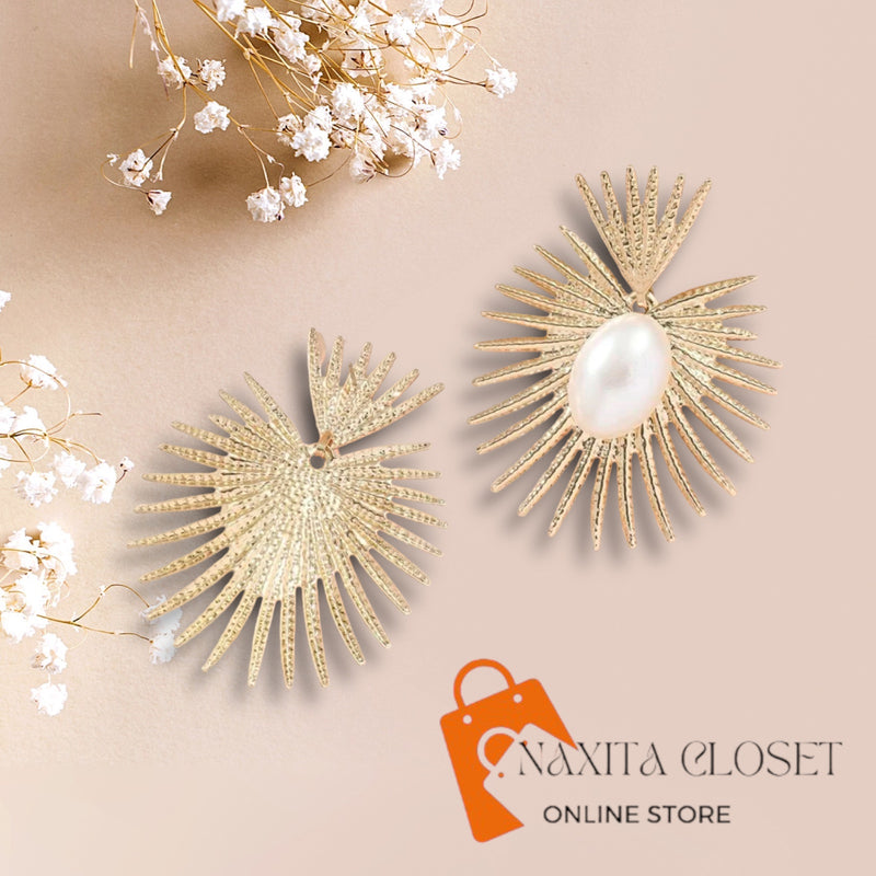 Gold Large Pearl Heart Crown Sunburst Earrings