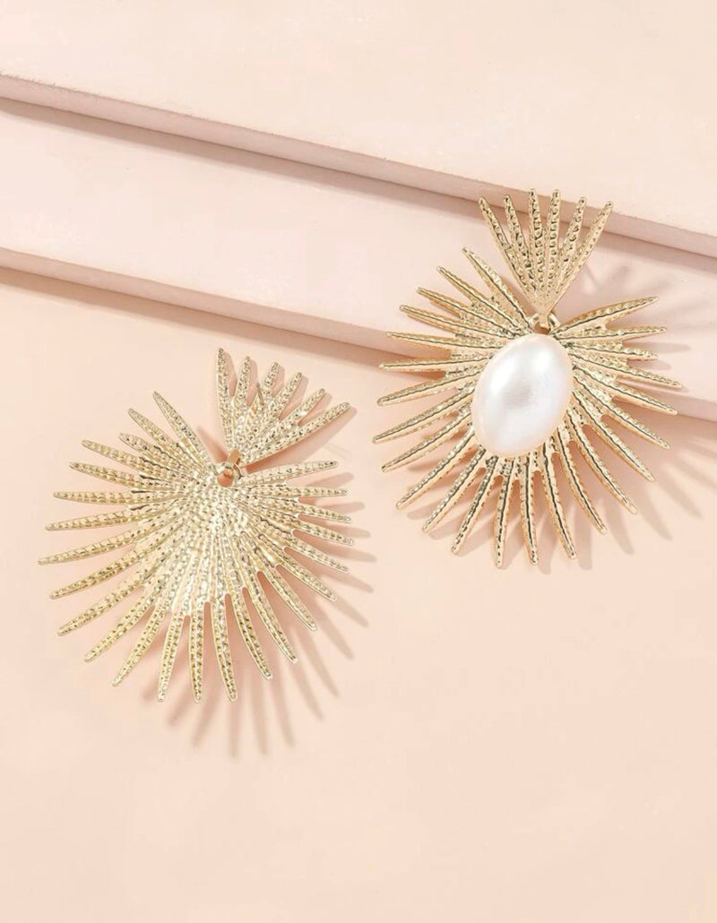 Gold Large Pearl Heart Crown Sunburst Earrings