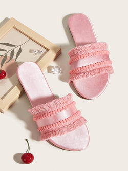 Glamorous Pink Sandals For Women Satin Pom Pom Decor Fringe Trim Slide Sandals