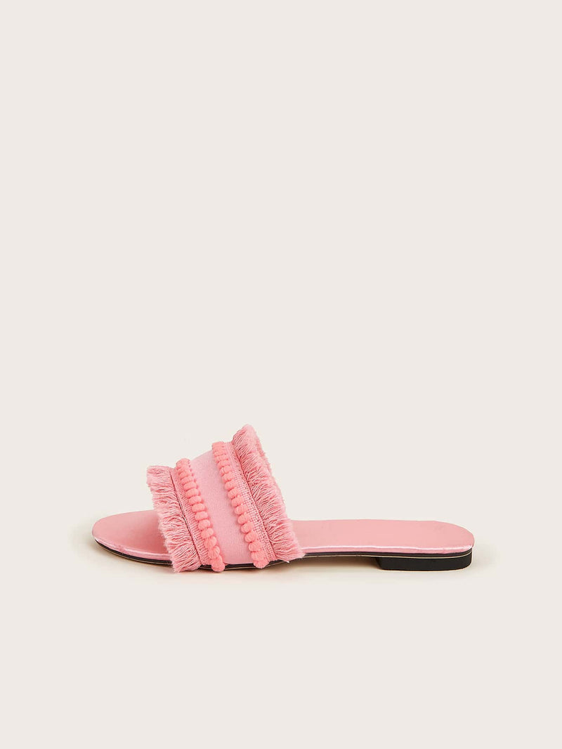 Glamorous Pink Sandals For Women Satin Pom Pom Decor Fringe Trim Slide Sandals