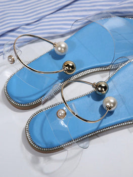 Transparent Fashionable Pearl Beaded Double Strap Flat Sandals