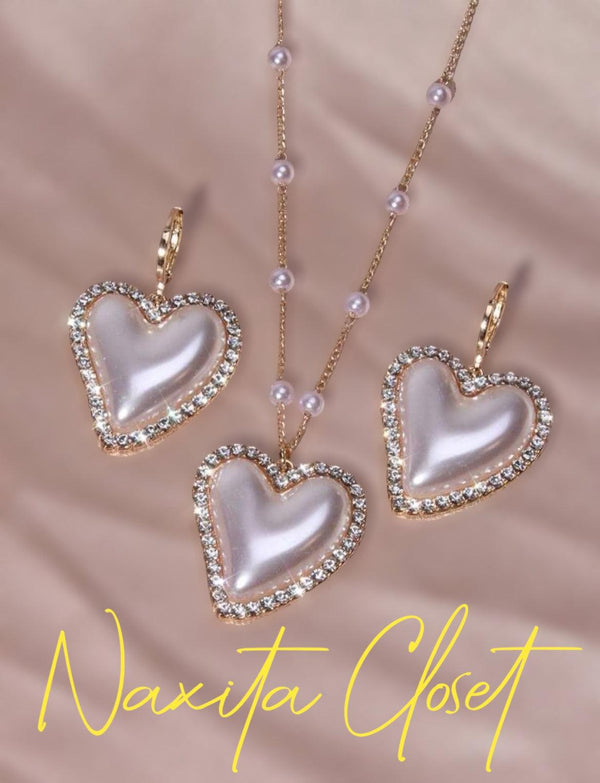 Glamorous Rhinestone & Faux Pearl Detail Heart Jewelry - Naxita Closet