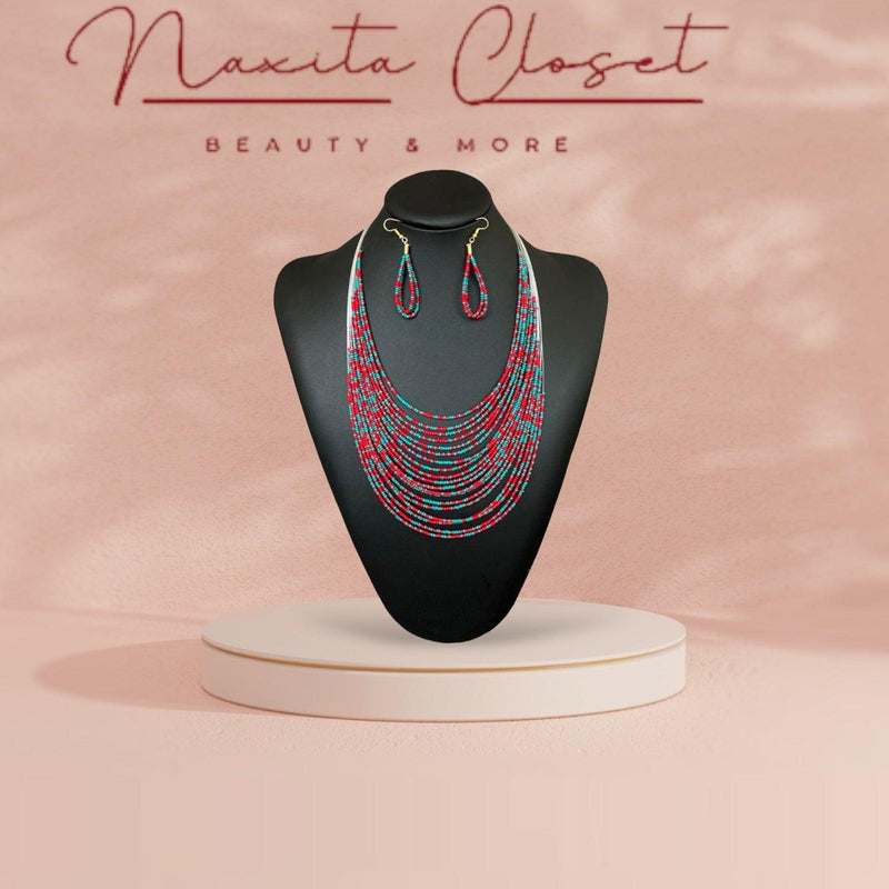 Seed Bead Layered Necklace + Drop Seed Bead Earrings Set Boho - Naxita Closet