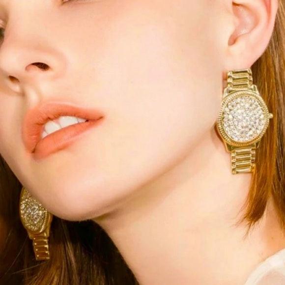 Crystal Watch Shaped Rhinestone Statement Stud Earrings - Naxita Closet