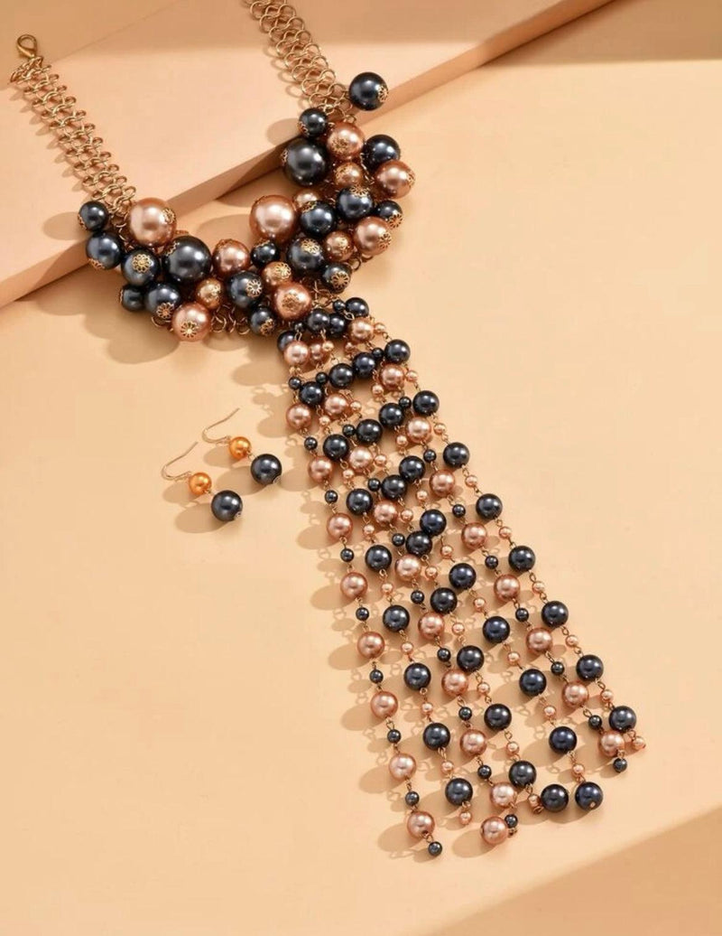 Pearl Strand Beaded Vine Fringe Long Pendants Necklace set - Naxita Closet