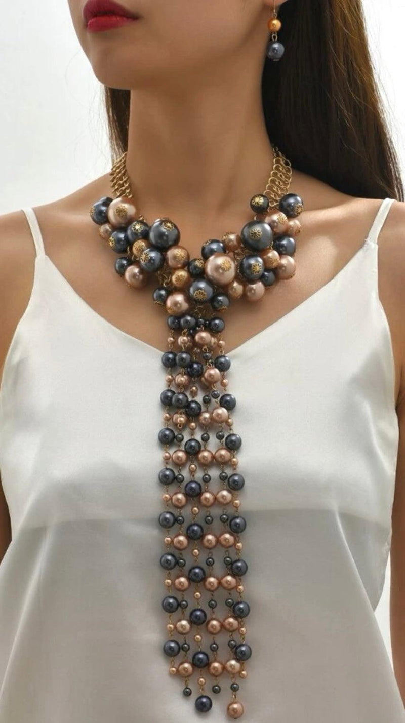 Pearl Strand Beaded Vine Fringe Long Pendants Necklace set - Naxita Closet