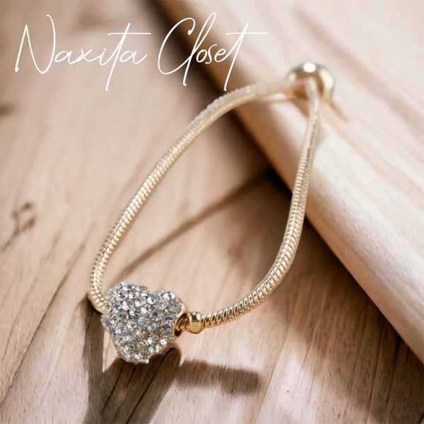Rhinestone Heart Charm Chain Bracelet - Naxita Closet