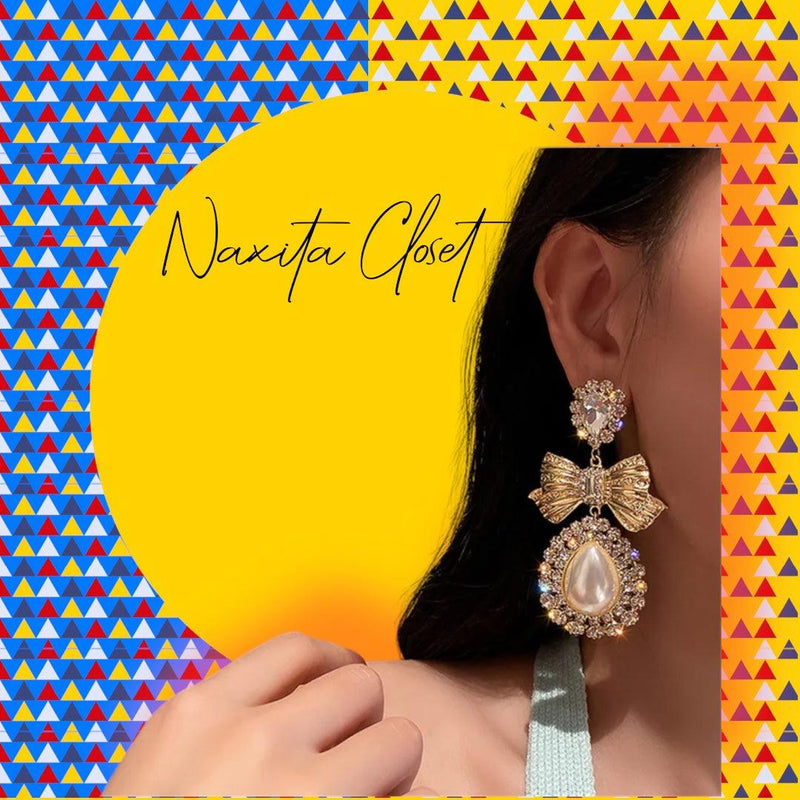 Bowknot Crystal Earrings - Oversize Water Drop Dangle Earrings - Naxita Closet